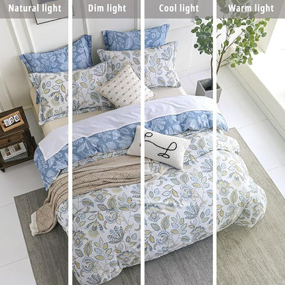 Vintage Botanical Cotton Comforter King Size 3PC - Lavish Floral on Bluish White with Frost Blue Back, Reversible Lightweight Comforter Set with Soft Fill(104"×90")