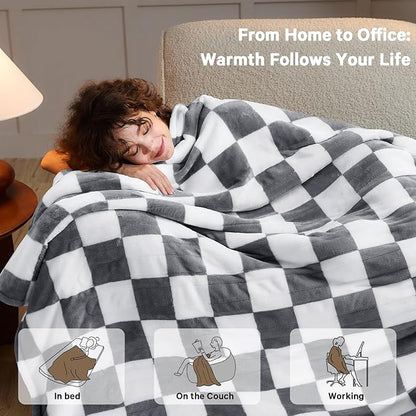 Heated Electric Blanket Throw, 50X60 Heating Blanket with 10 Heat Level & 8 Hour Auto Off for Lap, Light Gray Checkered Plaid Sherpa Blankets Warmer Gift for Couch Grandma Women Adults Washable