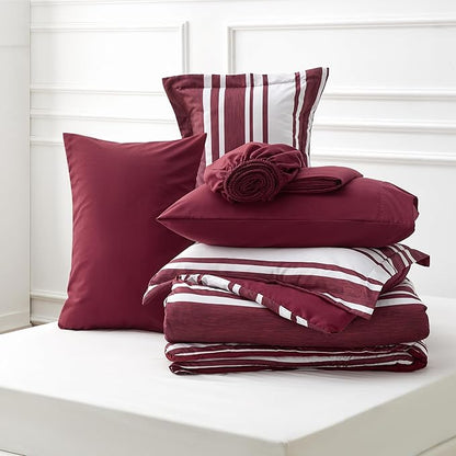 Bedsure Queen Comforter Set 7 Pieces, Burgundy Striped Bedding Set for All Seasons, Reversible, Cationic Dyeing Bed in a Bag with Comforter, Sheets, Pillowcases & Shams