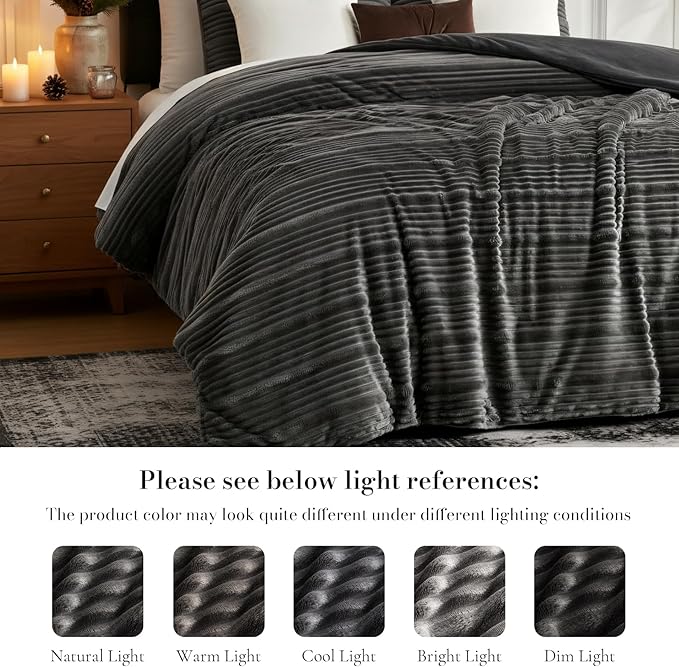 Amélie Home Luxury Flannel Fleece Queen Comforter Set,Soft Warm Striped Plush Bedding Set for Winter, 3 Pieces, 1 Cozy Comforter with 2 Pillowcases, Charcoal Gray, 90"x90"