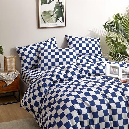 Houseri Royal Blue White Plaid Comforter Set Twin Size Boys Girls Bright Blue Grid Bedding Comforters Kids Deep Ocean Blue Checkerboard Bedding Sets Twin Dark Blue Checkered Gingham Comforter Set Twin