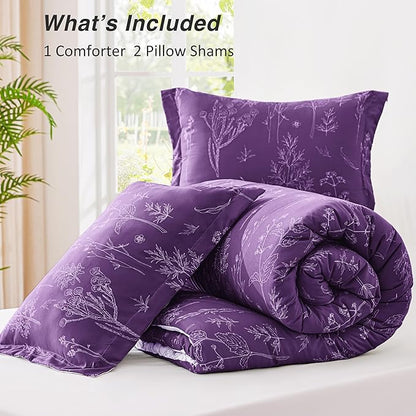 Love's cabin Dark Purple Full Comforter Set - Full Size Comforter Set, 3 Pieces Cute Floral Bedding Sets for All Seasons,1 Soft Reversible Botanical Flowers Comforter and 2 Pillow Shams