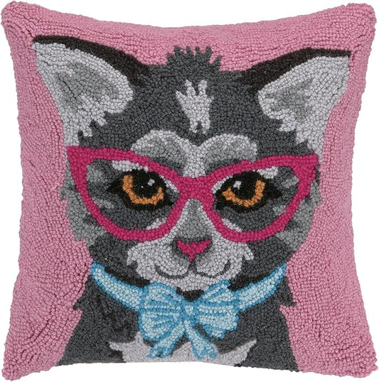 Cat with Glasses and Bow Wool Hook Pillow by The Pillow Shoppe, 16" Square
