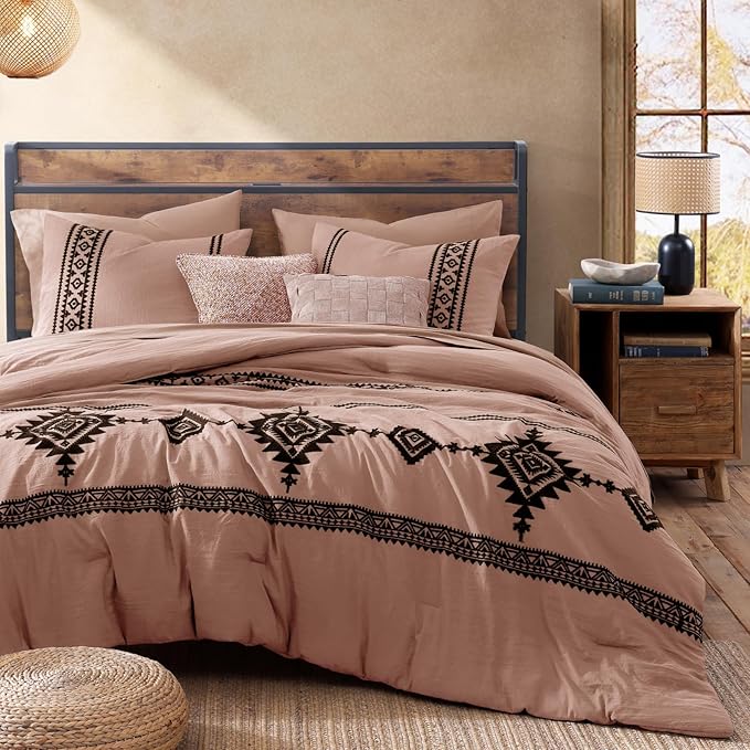 MaiRêve Embroidery Comforter Set, Boho Farmhouse Western Bedding Set, All Season Bed in A Bag Comforter Set with Sheets, Pillowcases & Shams, Dusty Pink King 7 Pieces