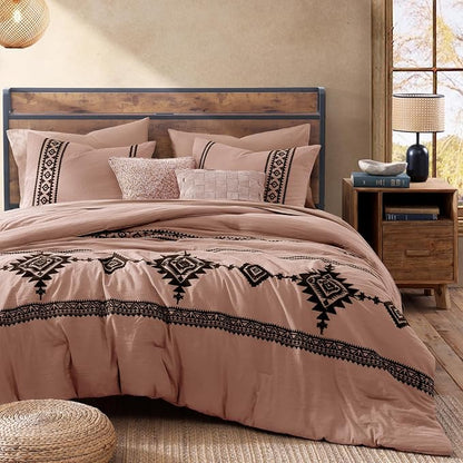 MaiRêve Embroidery Comforter Set, Boho Farmhouse Western Bedding Set, All Season Bed in A Bag Comforter Set with Sheets, Pillowcases & Shams, Dusty Pink King 7 Pieces