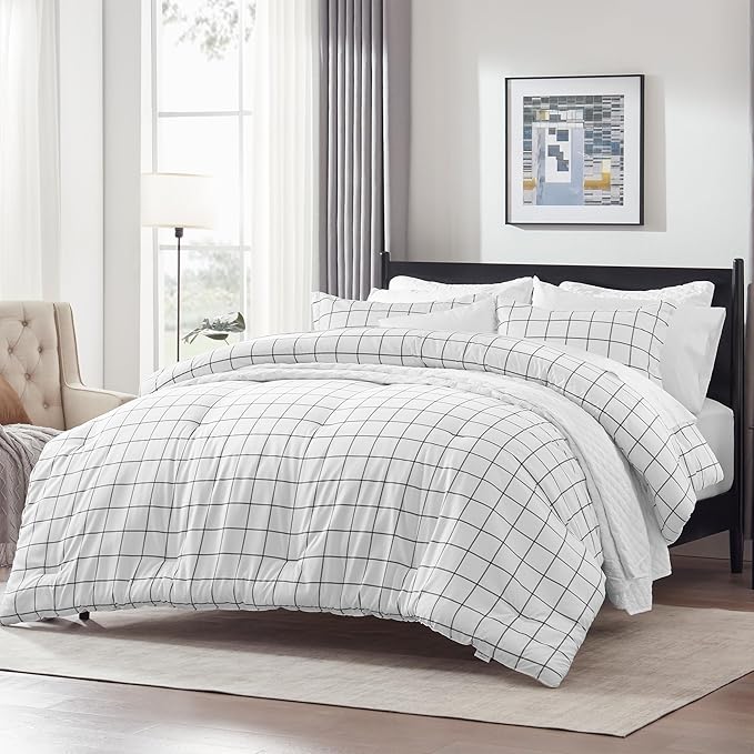 SLEEP ZONE Comforter Set for Queen Size, All-Season Queen Down Alternative Quilted Comforter, Winter Warmth Breathable,Super Soft,Machine Washable(88x88) (Grey Grid White, Queen)