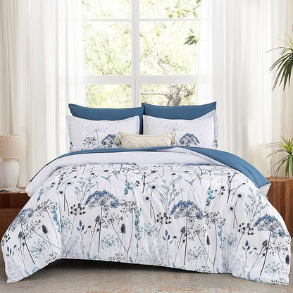 Yiran 7 Piece Blue Dandelion Botanical Comforter Set Queen Size, Floral Plant Comforter Bedding Set, Bed in a Bag Queen, Soft Microfiber Complete Bedding Set with Sheets for All Season