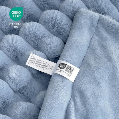 Cozy Bliss Faux Fur Throw Blanket for Couch, Cozy Warm Plush Striped Blanket for Sofa Bedroom Living Room, 60 * 80 Inches Light Blue