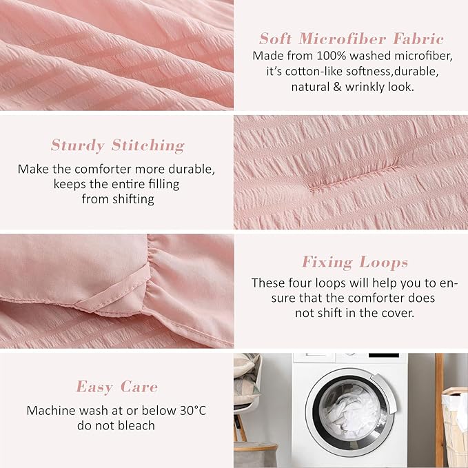 Blush Pink Seersucker Comforter Twin Size with Ruffled Edges, Ultra-Soft Pink Bedding Set 3 Piece Set, Light Weight Down Alternative Set(Blush Pink,Twin), Twin(68/''×90/'') (PPS)