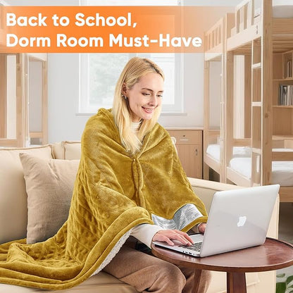 greenoak Heated Blanket Electric Throw 50"X60", Heating Blankets with 10 Heat Levels 8 Hours Auto-Off, Soft Flannel Sherpa Fluffy House Warming Gifts for Grandma Seniors Mom,Brownish Yellow