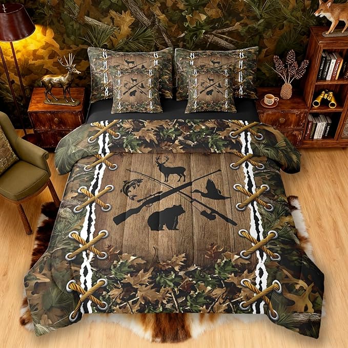Camouflage Comforter Set 7 Piece Bed in a Bag Twin | Bass Fish Duck Bear Deer Fishing Bedding Sets Country Hunting Comforter and Sheet Set, Woodland Animals Farmhouse Bed Sets,Rustic Cabin Decor