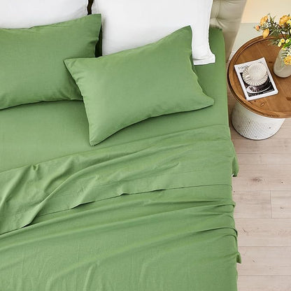 Simple&Opulence Belgian Linen Sheet Set Solid Color - 3 Pieces (1 Flat Sheet & 1 Fitted Sheet & 1 Pillowcase) Natural Flax Cotton Blend Soft Bedding Breathable Farmhouse - Khaki Green, Twin Size