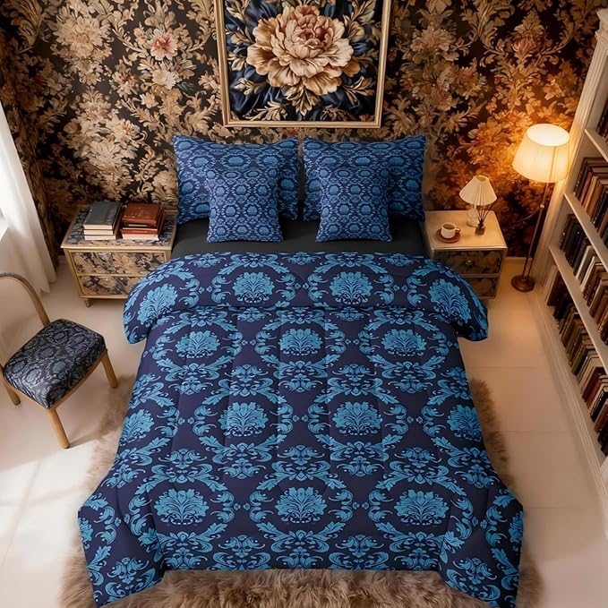 Erosebridal Black and Blue Damask Bed in a Bag Queen Comforter Set 7 Piece | Antique Decor Gothic Vintage Floral Bedding Sets Boho Baroque Comforter and Sheet Set, Luxury Bohemian Bed Sets