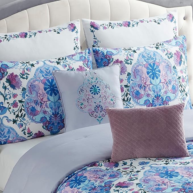 King Size Comforter Set 7 Piece Ultra Soft Fashion Printed Bedding Sets with Shams, Decorative Throw Pillows, and Pillowcases, King, Juliette
