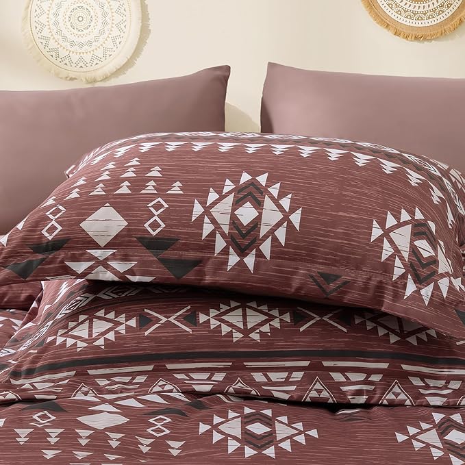 Geniospin Queen Comforter Set - 7 Pieces Bedding Set, Boho Bed in A Bag, Lightweight Soft Aztec Bedding, All Season Bed Comforter Set with Sheets, Pillowcases & Shams