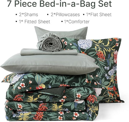 WRENSONGE Queen Comforter Set-7 Pieces Green Botanical Floral Bedding, Flowers Printed Design Queen Bed in a Bag with Botanical Flowers Comforter, Sheets, Pillowcases & Shams