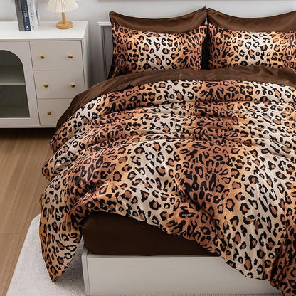 A Nice Night Leopard Printed，Coffee Brown Satin Silky Soft Quilt Sexy Luxury Super Soft Microfiber Comforter Quilt Bedding Comforter Set Full/Queen, Light Weighted (Coffee, Queen(88-by-88-inches))