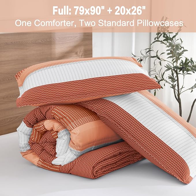 Litanika Burnt Orange Bed Comforter Full Size Set, 3 Pieces Boho Terracotta Stripe Colorblock Soft Bedding Comforter Set, Rust Fluffy Bed Set (79x90In Comforter & 2 Pillowcases)