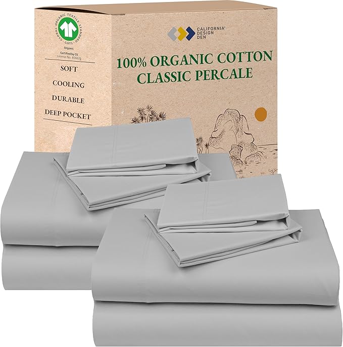 California Design Den 2-Pack King Size Sheets Set - 100% Organic Cotton, Crisp and Breathable Percale Feel, Deep Pocket King Sheet Sets, Lightweight Bedding - Light Grey