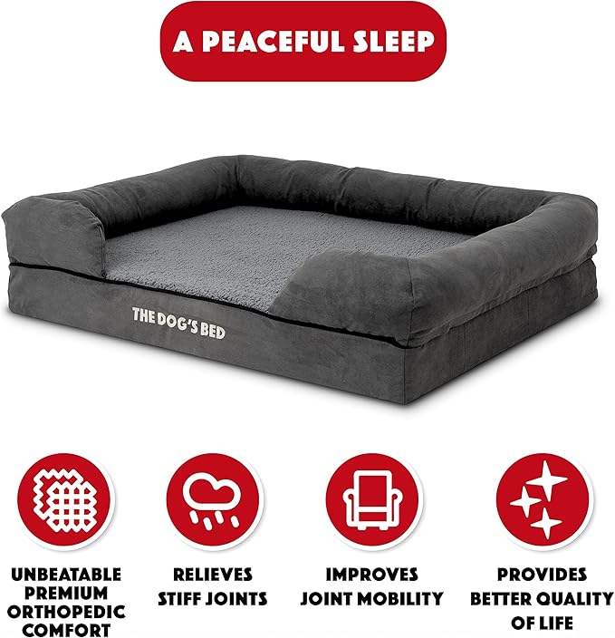The Dog’s Bed Orthopedic Memory Foam Dog Bed with Bolsters, Plush Fabric, Grey Plush, L