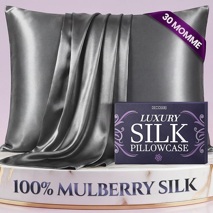 DECOLURE 100% Pure Mulberry Silk Pillow Case Standard Size – Highest Grade 30 Momme 6A+, Luxuriously Soft & Cooling Silk Pillowcase for Hair & Skin, Hypoallergenic, Breathable, Hidden Zipper (Grey)