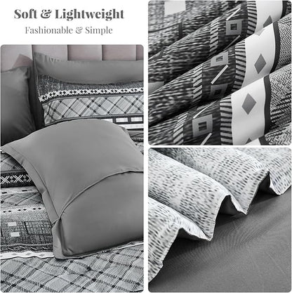 WONGS BEDDING 8 Piece King Size Comforter Set, Black Grey Striped Bed in a Bag Comforter and Sheet Set, Boho Lightweight Microfiber Bedding Set for All Season (90"×104")