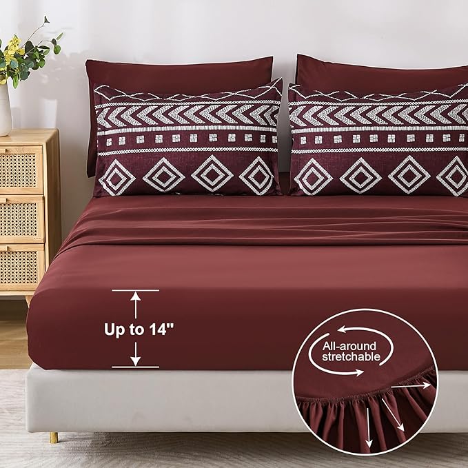 Yiran Burgundy Comforter Set Queen Size, 7 Piece Boho Striped Bedding Set, Geometric Aztec Bed in a Bag Queen, Soft Microfiber Bohemian Complete Bedding Set with Sheets for All Season