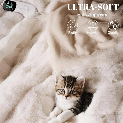 IUUI Electric Heated Blanket King 90''x100'',Luxury Faux Rabbit Fur Heating Throw Blankets,Fast Heating with 1/2/4/6/8/10 Hours,Overheat Protection, Quick Heating, Memory Function, Gift-Ready Design