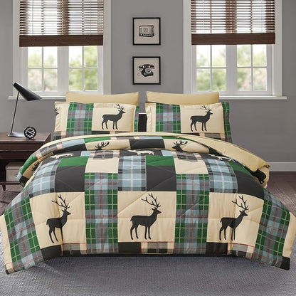 Comforter Set Queen Size Plaid Patchwork Comforter Bedding-7 Piece Bed in a Bag,Rustic Soft Reversible Microfiber Bedding Set(1 Comforter,1 Flat Sheet,1 Fitted Sheet,2 Pillowcases,2 Pillow Shams)Green