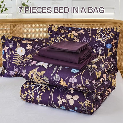 Yiran Purple Floral Comforter Set Queen Size, 7 Piece Botanical Comforter Bedding Set, Farmhouse Bed in a Bag, Soft Microfiber Complete Bedding Set with Sheets for All Season