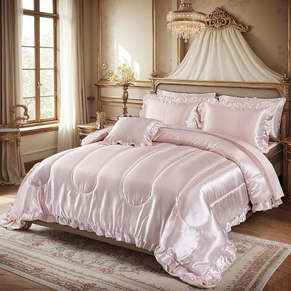 Luxury Silky Comforter Set with Sheet Set Queen 8 Pieces Light Pink Bedding Set Silk Like Satin Ruffle Pattern Home Deocr Sexy Hotel Silky Bed Set with 1 Cushion Cover