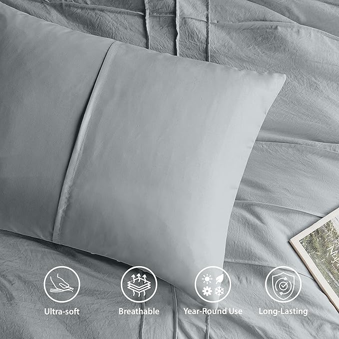 King Size Comforter Set Blue Grey, 3 Pieces Bedding Set, Ultra Soft Prewashed Bed Set, Pinch Pleat All Seasons Lightweight Comforter and Shams