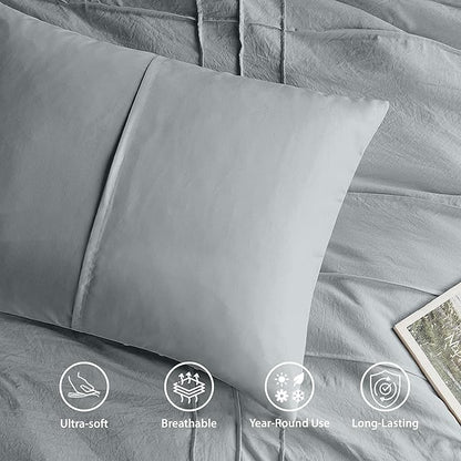 Twin Size Comforter Set Blue Grey, 2 Pieces Bedding Set, Ultra Soft Prewashed Bed Set, Pinch Pleat All Seasons Lightweight Comforter and Sham