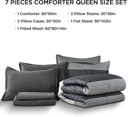 Andency Queen Comforter Set 7 Pieces Bed in a Bag - Black White Grey Striped Lightweight Soft Microfiber All Season Queen Size Bedding Set with Comforter, Fitted & Flat Sheet, Pillowcases & Shams