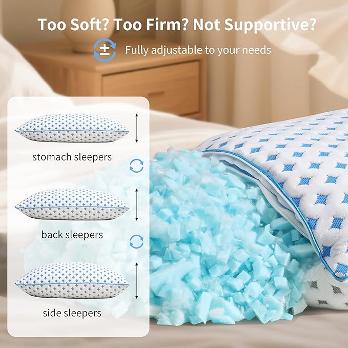 Memory Foam Pillow – Adjustable Loft Cooling Pillow Queen Size 1 Pack for Sleeping, Firm, Supportive, and Breathable Design for Hot, Side, Back, and Stomach Sleepers