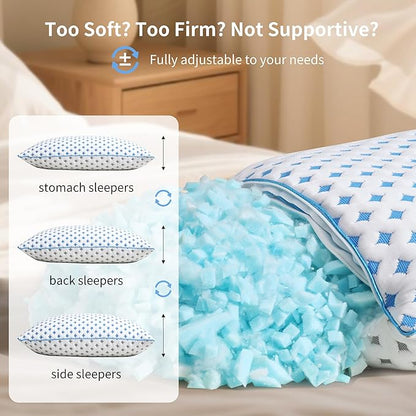 Memory Foam Pillows 2 Pack – Adjustable Loft Cooling Pillows Queen Size Set of 2 for Sleeping, Firm, Supportive, and Breathable Design for Hot, Side, Back, and Stomach Sleepers