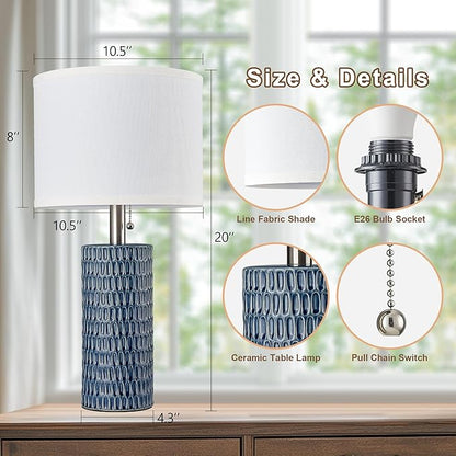 Table Lamps for Living Room Set of 2, Ceramic Table Lamps for Bedroom, 20" Modern Lamps for Night Stands, Dark Blue