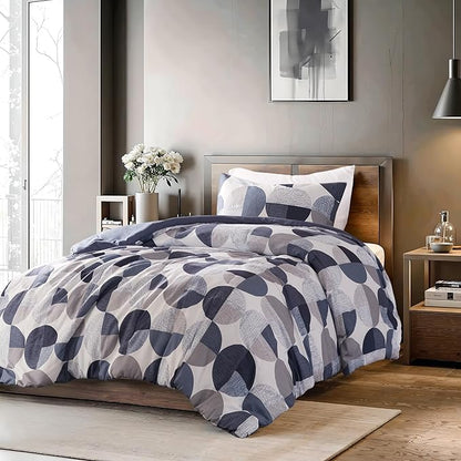 Stylish Three-Tone Printed Twin Size Comforter Set, 2 Pieces Ultra-Soft Microfiber Bedding Set, Warm and Cozy Comforter for All Seasons, Navy Blue & Grey