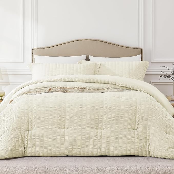 Queen Comforter Set Cream,3PCS Seersucker Lightweight Bedding Comforter for All Season, Queen Size(90''×90'' Comforter & 2 Pillowcases)