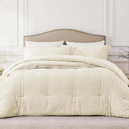 Full Size Comforter Set Cream,3PCS Seersucker Lightweight Bedding Comforter for All Season, Full Size(82''×86'' Comforter & 2 Pillowcases)