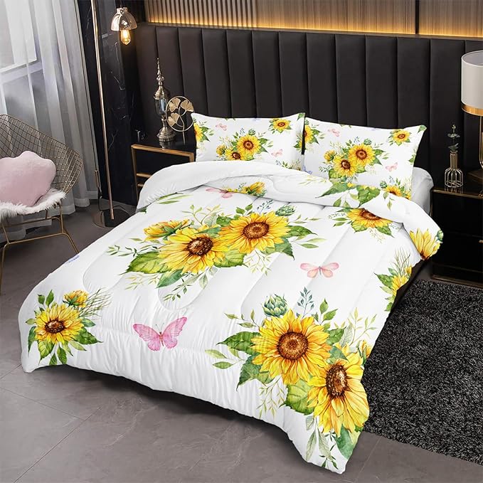 Sunflower Comforter Sets,Floral Botanical 3-Pieces Microfiber Bedding Quilt for Girls Teens,Decorative Bedding Comforter Sets with 2 Pillow Shams, Twin Size