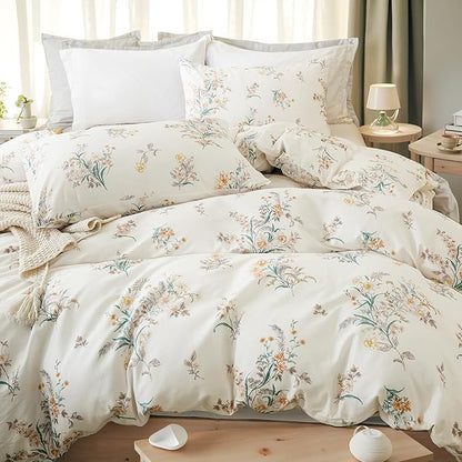100% Cotton Comforter Queen Size Vintage Floral Bedding Set Reversible Botanical Comforter Set 3 Pcs Cottagecore Aesthetic Soft Bedding Sets for All Season