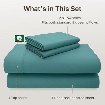 California Design Den 100% Cotton Sheets Full Size Set - Luxury 600 Thread Count Sateen, Cooling Sheet Sets Full Size Bed with Deep Pockets, Hotel Quality Bedding - Teal Bed Sheets
