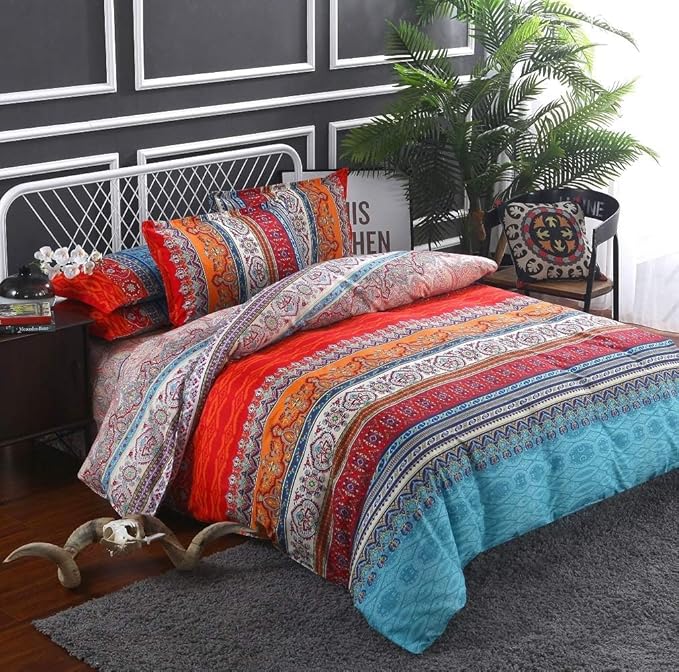 Boho Comforter Set - 3 Pieces Lightweight Exotic Yellow Orange Bohemian Mandala Colorful Retro Boho Comforter and 2 Pillowcases for All Seasons
