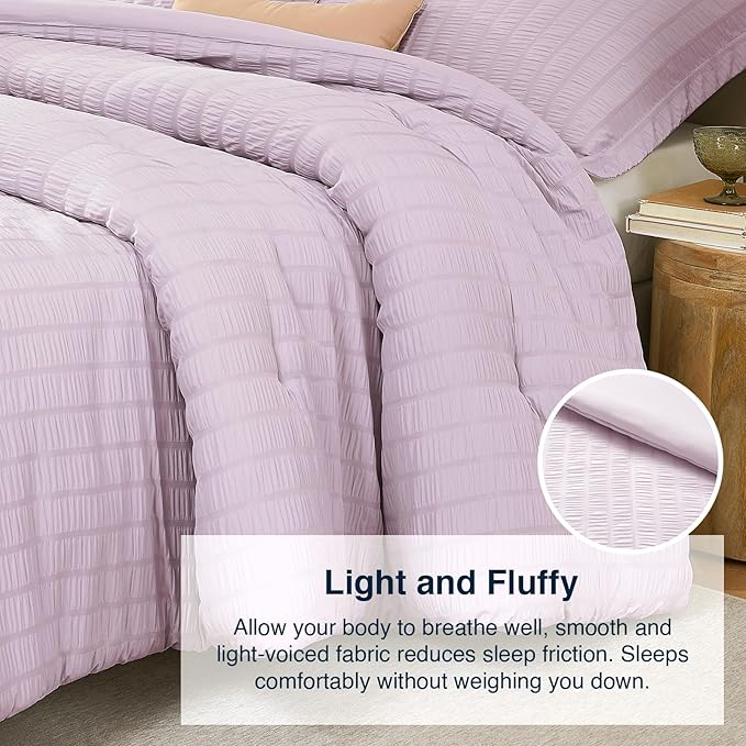 California King Comforter Set Light Purple,3PCS Seersucker Lightweight Bedding Comforter for All Season, Calking Size(104''×96'' Comforter & 2 Pillowcases)