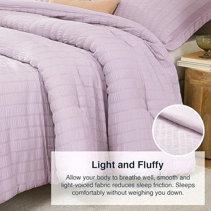 Queen Comforter Set Light Purple,3PCS Seersucker Lightweight Bedding Comforter for All Season, Queen Size(90''×90'' Comforter & 2 Pillowcases)