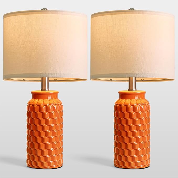 20.5" Ceramic Table Lamps Set of 2, Modern Farmhouse Boho Bedside Lamps for Bedroom, Nightstand Lamps for Living Room End Tables, Small Desk Lamps, Orange
