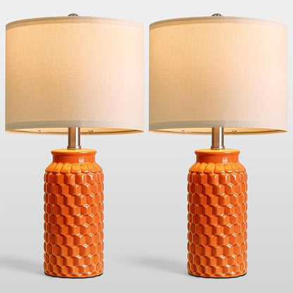 20.5" Ceramic Table Lamps Set of 2, Modern Farmhouse Boho Bedside Lamps for Bedroom, Nightstand Lamps for Living Room End Tables, Small Desk Lamps, Orange