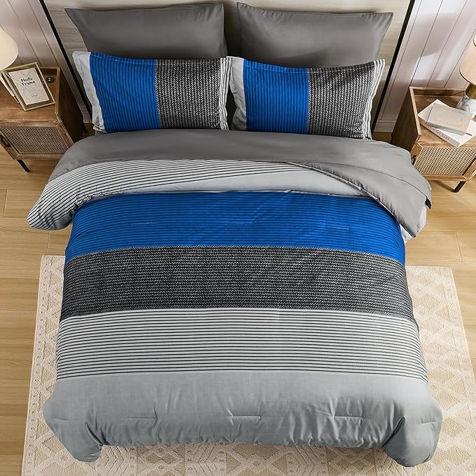 Anibedding Blue Queen Comforter Set 7 Pieces, Blue and Gray Patchwork Striped Bed in a Bag with Sheet Pillowcase for Queen Bed All Season