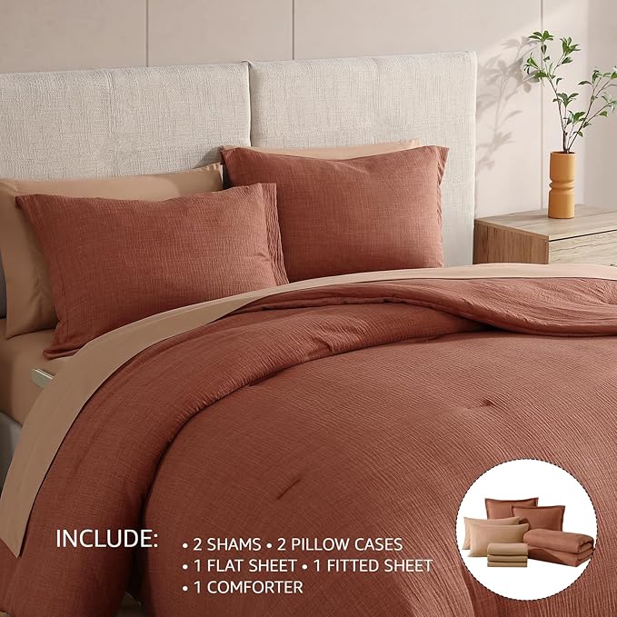 Geniospin Full Size Comforter Set- 7 Pieces Terracotta Textured King Bedding Set, Soft Solid Bed in a Bag for All Seasons, Fall Comforter Set with Sheets